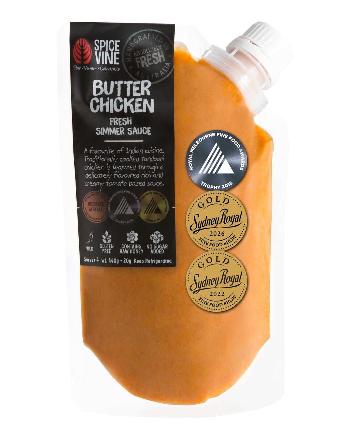 A 440g stand-up pouch of SpiceVine Butter Chicken Fresh Summer Sauce, showing the orange sauce inside a clear pouch with a black label and white cap.